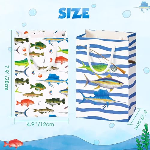 WERNNSAI 16 PCS Gone Fishing Party Goodie Bags | Gone Fishing Birthday Supplies, Fishing Candy Gift Bags with Handle for Boys Little Fisherman, Paper Treat Favor Bag - color: Blue and White