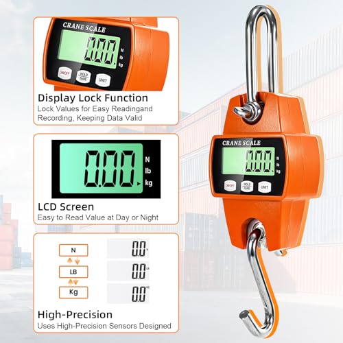 Digital Hanging Scale, 1100lb/500kg Handheld Crane Scale | Small Crane Scale with LCD Display and Hooks, Aluminum Alloy Body for Hunting, Outdoor, Luggage, Farm (Orange) - color: Orange-1100lb