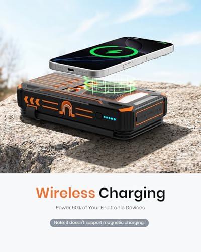 A ADDTOP Solar Charger Power Bank 20000mAh Built-in 4 Cables, Wireless Portable Charger with 4 Solar Panels and 3 USB Ports, PD QC 3.0 Fast Charging Battery Pack for Cell Phone, Tablets(Orange) | 4 Solar Panels, Built-in 4 Cables, 3 USB Input/Output Ports
