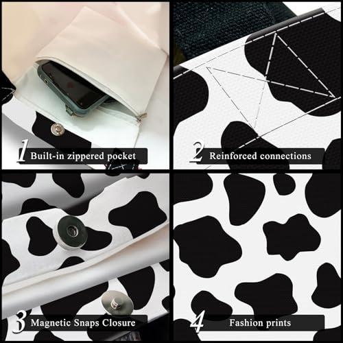 Canvas Tote Bag for Women，Cute Heavy-Duty Shoulder Bag with Zipper Pocket -Travel Tote for Grocery, Gym,Shopping - color: Black White Cowhide