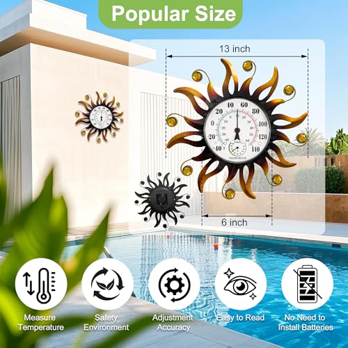 13" Sun Outdoor Thermometer Hygrometer, Metal Wall-Mounted Thermometer | Waterproof Decor for Patio, Garden, Garage & Indoor, Outdoor Thermometers Humidity Gauge, Easy-to-Read No Battery Needed Gift - color: Golden yellow, size: 13 INCH