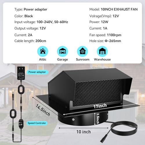 10 Inch Roof Exhaust Attic Fan,Wall Mounted Attic Vent Fan with Speed Controller for Greenhouse, Shed, Garage, Chicken Coop, Shop, Barn Ventilation,2500 CFM, Plug-and-Play, 16.5ft Power Cord, Black