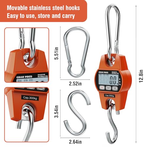 GRAM PRES Digital Hanging Scale, Mini Crane Scale 660LB/300KG | Deer Hunting Scales,Digital Scale with Hooks for Farm Fishing, Fish,Luggage，Outdoor.
