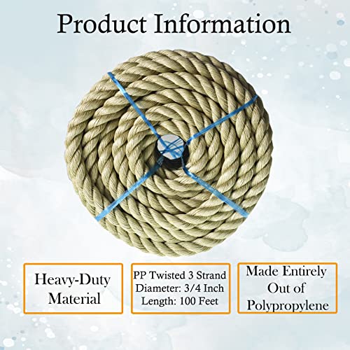 LABLT 3/4 inch Twisted ProManila Rope Cordage, 100 feet UnManila 3 Strand Synthetic Polypropylene Rope Tan Thick Polypropylene Rope for Indoor Outdoor Use, Tug of War, Marine - size: 3/4in*100ft