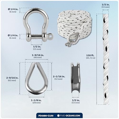 Five Oceans Anchor Line 1/2" x 150', Anchor Rope Line, Marine Premium 3-Strand White Nylon Boat Anchor Rope - Stainless Steel Thimble and Shackle, Ideal for Mooring Anchoring Towing - FO4486-C150 - style: 1/2 inch x 150 ft