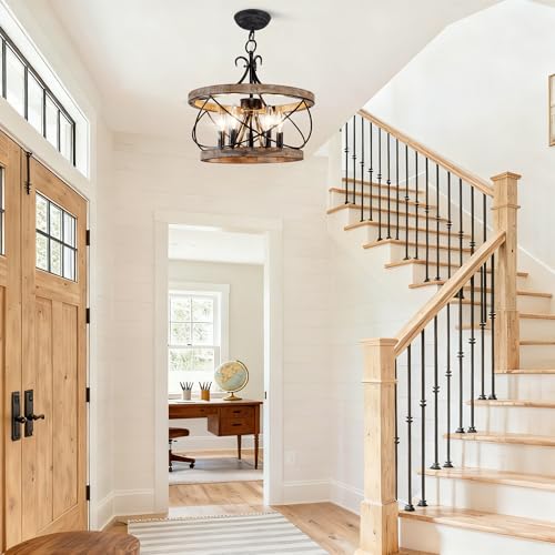 20'' Farmhouse Chandelier for Dining Room Rustic Chandelier | 5-Light Hanging Light Fixture over Table Wood Drum Pendant Hanging Lamp, Adjustable Height for Kitchen Entryway Living Room - color: 20" Wood Drum