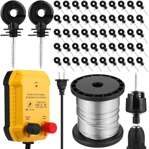 Electric Fence Charger Kit 0.25J 5 Mile 50 Insulators 250ft Wire | 110VAC Plug in for Poultry Pets, Socket Tool, Aluminum Conductor, Screw Mount, Garden Pond Orchard Protection - style: 0.25 Joule