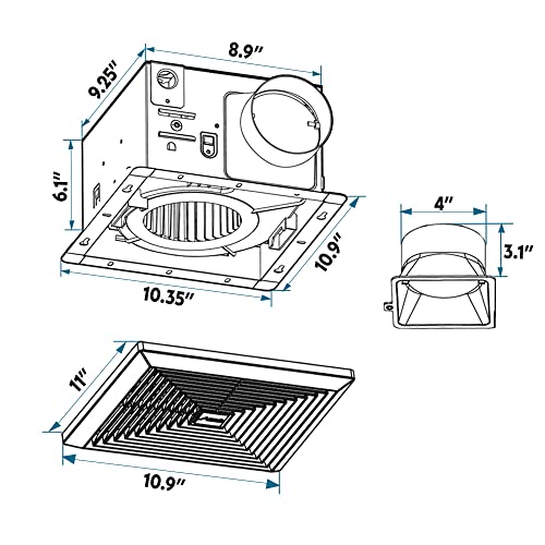 BV Bathroom Exhaust Fan 90CFM - Bathroom Fan 0.9 Sones, 4" Duct Collar,Rooms Up to 80-90 Sq. Ft. |Energy-Saving Ventilation Fan - No Attic Access & Ultra-Quiet | Energy Star, HVI 2100, UL Certified - size: 90 CFM