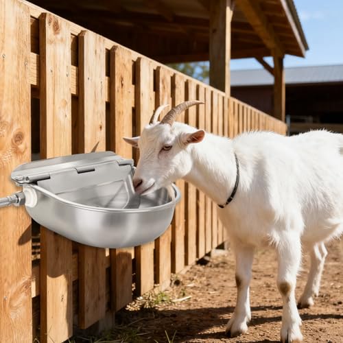 2-Pack Automatic Livestock Waterer, 304 Stainless Steel Auto Fill Drinking Bowl with Float Valve, Drainage Hole & Protective Baffle, Wall Mount or Floor Stand, for Dogs, Chickens, Horses, Goats, Pigs