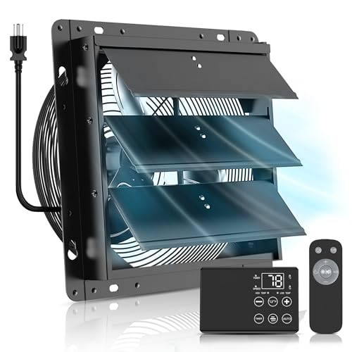 12'' Upgraded Shutter Exhaust Fan with Thermostat & Remote Control | Automatic On/Off by Temperature, 980 CFM Wall Mounted Garage Fan for Attic, Greenhouses, Sheds, Chicken Coops & Shops - size: 12''