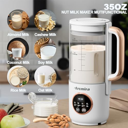 Arcmira Automatic Nut Milk Maker Machine, 35oz Soy Milk Maker with 10 Blade | No Soak/Delay Start/Keep Warm/Self-Clean for Homemade Almond/Soy/Oat Milk, Juice, Plant-Based & Dairy Free for Family & Party - color: White