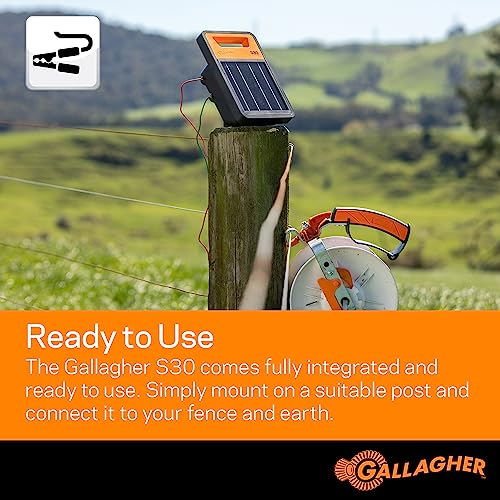 Gallagher S30 Solar Electric Fence Charger | Solar Fence Energizer for Cattle, Horses, Goats, Small Pastures, Predator Control | 4-Mile Typical 20-Mile Ideal Range | Solar Powered with Lithium Battery