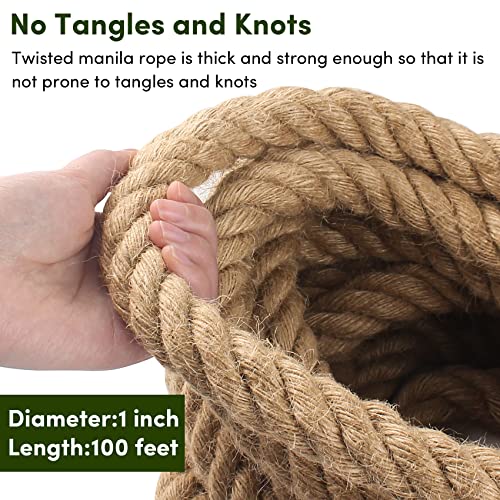 Manila Rope 1in x 100ft,Natural Hemp Rope,Large Thick Decorative Ropes Nautical Ropes,Twisted Manila Great for Gardening,Railings,Hammock Nautical - size: 1in, style: 100FT