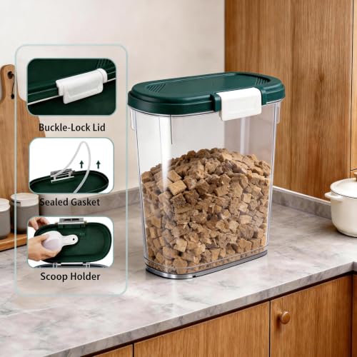 Airtight Dog Cat Food Storage Container 10 Lbs, Slim Tall Pet Food Bin | Pet Food Treat Container with Lid, Scoop and Cup, Clear Plastic Dry Food Storage Bin for Dog, Cat, Bird Seed, Kibble, Pellet - color: Dark Green
