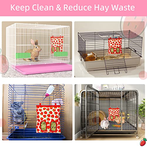Rabbit Hay Feeder, Hanging Guinea Pig Hay Feeder Bag for Bunny Chinchilla Hamster with Back Hooks, 2 Holes, 9.8x11.4Inch - color: Strawberry