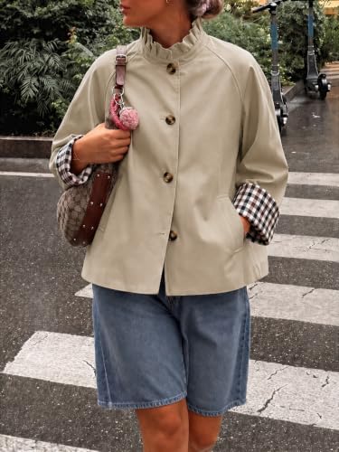 Cicy Bell Womens Ruffle Short Trench Coat Single Breasted Cropped Jackets | Stand Collar, Fall Jackets, Outerwear Coats, Button Down, Plaid Cuffs - color: Dark Khaki, size: XX-Large
