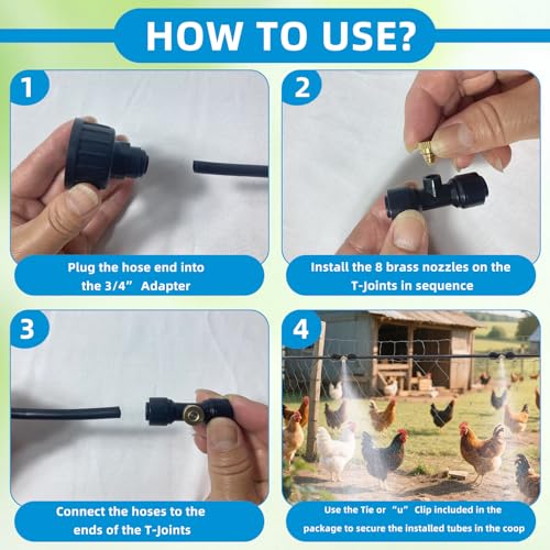 Chicken Coop Misting Cooling System,Misting Hose for Patio with 26FT Misting Line + 8Mist Nozzles +3/4" Adapter& T-Joints Perfect for Cooling Chicken Coops During Summer