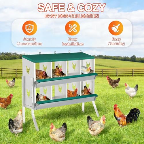 Chicken Nesting Box, 8 Compartments Nesting Box with 4 Fake Eggs & 10 Soft Nest Pads, Wall Mounting for Easy Egg Collection, Heavy Duty Galvanized Steel Rustproof Laying Box with Vented & Easy Clean - size: 8 compartment with Legs