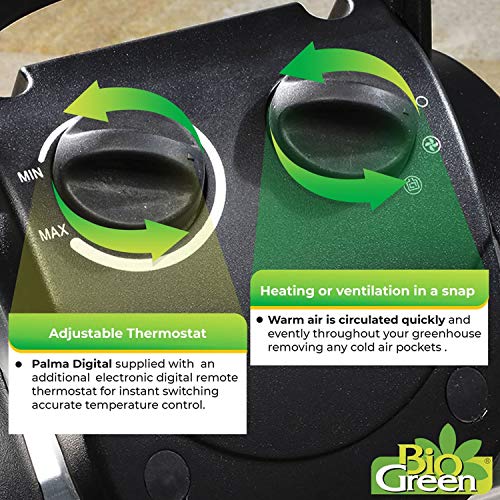 BioGreen Electric Greenhouse Heater & Fan with Digital Thermostat PALMA | 1500 Watts, 5100 BTU/hr | 5800 ft³/h Air Circulation -58 to 210.2°F | Stainless Steel | Spraywater Proof - color: Black