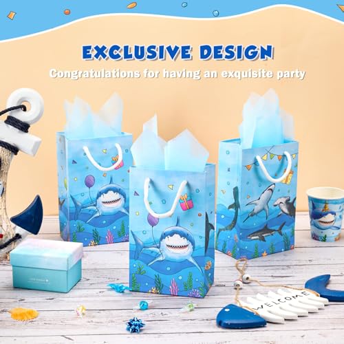 WERNNSAI 16 PCS Blue Shark Party Favor Bags Shark Goodie Bags | Shark Birthday Party Gift Bags with Handles, Under The Sea Ocean Party Supplies, Goodie Bags for Kids Boys Baby Shower - color: Blue Shark B