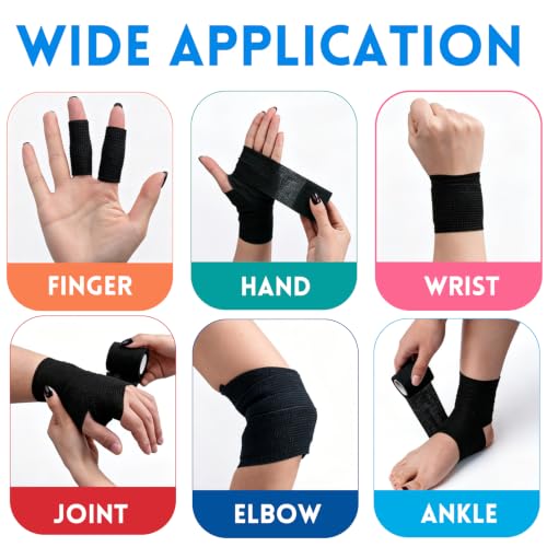 Self Adhesive Bandage Wrap, 2" X 5 Yards Elastic Cohesive Bandage Wrap, Color Athletic Tape, Vet Wrap, Ankle Tape,Non-Woven Cohesive Bandage 16Rolls，Black - color: Black