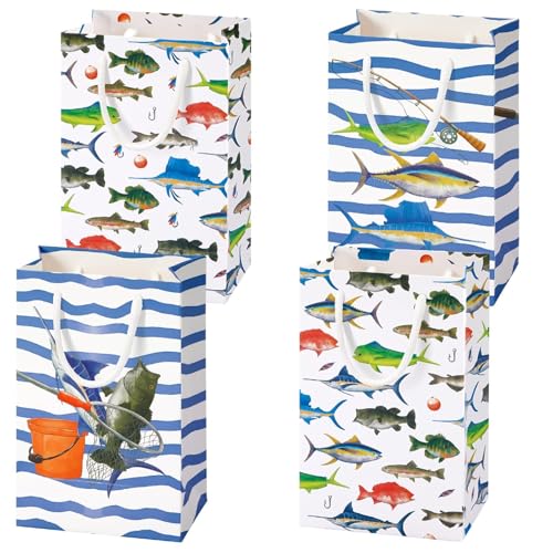 WERNNSAI 16 PCS Gone Fishing Party Goodie Bags | Gone Fishing Birthday Supplies, Fishing Candy Gift Bags with Handle for Boys Little Fisherman, Paper Treat Favor Bag - color: Blue and White
