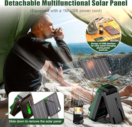 Portable Camping fan Rechargeable, 2-in-1 Battery Powered Solar Fan with Detachable Solar Panel, 270° Rotation Personal USB Desk Fan with 3 Speed/Timer/LED Light/Hanging Hook for Outdoor - color: Green A