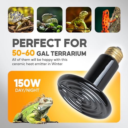 HealSmart 150W Reptile Heat Lamp Ceramic Heat Emitter, No Light Emitting Heat Bulbs, Suitable for Snake/Lizard/Spider, Plant Growth and Incubating Chicken, 2-Pack - size: 150 Watts, style: D-105mm (4.13")