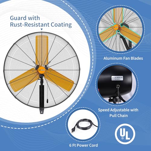 30 inch Oscillating High Velocity Wall Mount Fan, 8550 CFM Industrial Heavy Duty Metal Wall Fans, 3 Speeds, Adjustable Height and Tilt, Commercial Shop Fan for Garage, Workshop - size: 30 inch - Indoor
