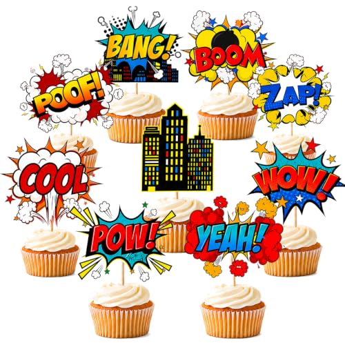 36 PCS Hero Cupcake Toppers | Hero Decorations Smash Crash Pow Picks for Hero Theme Birthday Party Cake Decor Supplies