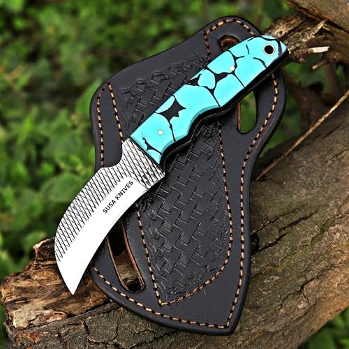Custom Handmade 7'' fixed blade hoof rasp Hawkbill fixed blade Knife Electricians Knife Lineman’s Hawkbill knife, with pancake leather sheath (FAROZI) - color: FAROZI