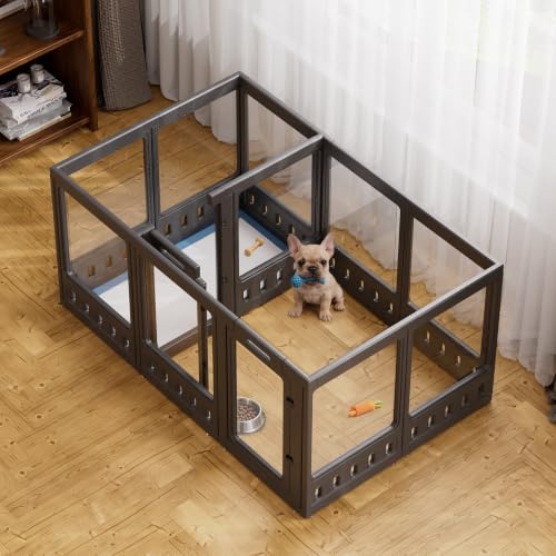 Clear-air Dog Playpen with Room Divider, Expandable Acrylic Dog Playpen to Create 2 Rooms, Clear Dog Play Pen Indoors, 30", 12 Panels, Black - color: Black, size: 30"H