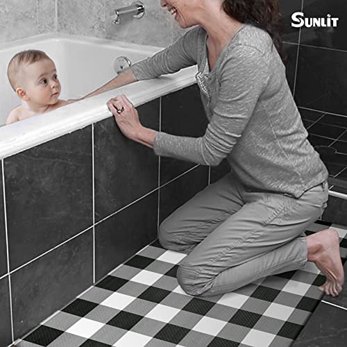 Sunlit Set of 2 Anti Fatigue Kitchen Floor Mat, Non Slip Waterproof Comfort Standing Mat, 0.4 Inch Thick Cushioned Farmhouse Kitchen Rug Runner, White Black Buffalo Check (17"x28"&17"x47") - color: Black