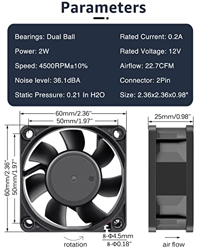 GDSTIME 60mm x 60mm x 25mm 12V 2Pin Dual Ball Brushless DC Cooling Fan 2Pcs | 4500RPM, High Speed, for PSU, Incubator, Battery box, DIY Console Exhaust Ventilation - 6025 - size: 60x25mm