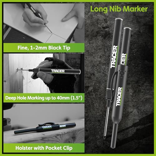 Tracer Complete Deep Hole Marking Kit - Includes Double-Tipped Long Head Deep Hole Permanent Marker and Deep Hole Construction Pencil with 6 Replacement Lead Dispenser Site Holster | Deep hole construction pencil, double-tipped permanent marker, 6 replace