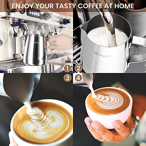 Dailyart Milk Frothing Pitcher 20oz Milk Frother Cup with Thermometer | 304 Stainless Steel 600ml Milk Pitcher with Scale Espresso Machine Accessories for Coffee, Cappuccino, Espresso,Latte Art - size: 20.3 Ounces