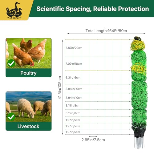 Electric Poultry Netting 41.5" H x 164' L, Portable Electric Chicken Fence for Chickens, Ducks, Geese & Turkey, Anti-Predator Poultry Net Fencing with Double Spike Posts for Backyard, Farm & Homestead - size: 41.5" H x 164' L Poultry