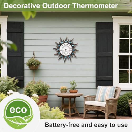 Outdoor Thermometer with Hygrometer, 12.4" Retro Sun Wall-Mounted Decor | Outdoor Waterproof Decor for Patio, Garden, Yard, Balcony, Garage, Indoor Room, Large Easy to Read No Batteries Required