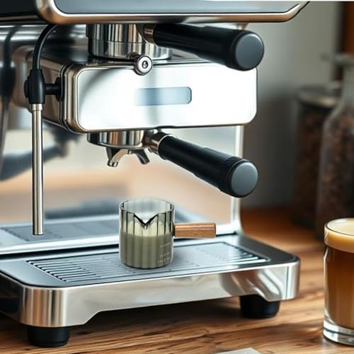 Espresso Cups Set of 2, 4 OZ Espresso Shot Glasses with Wood Handle, Gray | V-Shaped Spouts, Ribbed Milk Frothing Pitcher, Small Glass Measuring Cup, Demitasse Cups, Coffee Espresso Accessories - color: Gray
