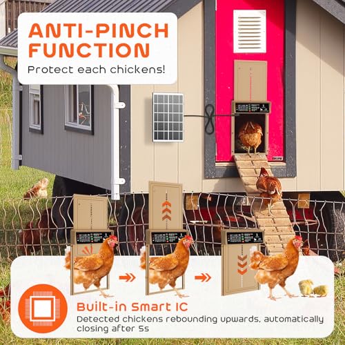 Asfrost Automatic Chicken Coop Door Solar Powered Automatic Chicken Door with Timer & Light Sensor, Anti-Pinch, Durable Aluminum Auto Chicken Door, Charge with 7W Solar Panel & USB - Brown - color: Brown