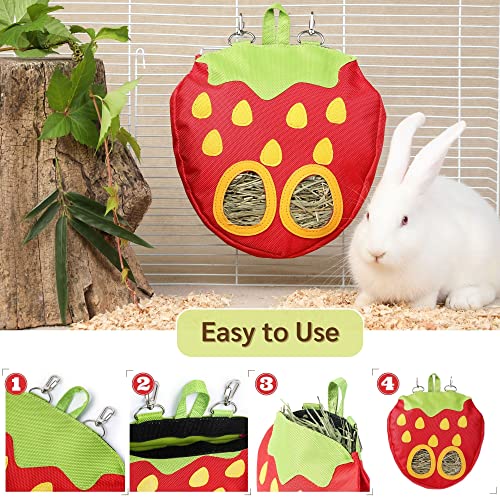JanYoo Rabbit Hay Feeder Bag for Cage Guinea Pig Timothy Hay Dispenser Storage Manger Hanging Large Less Waste for Bunny - color: A-Strawberry