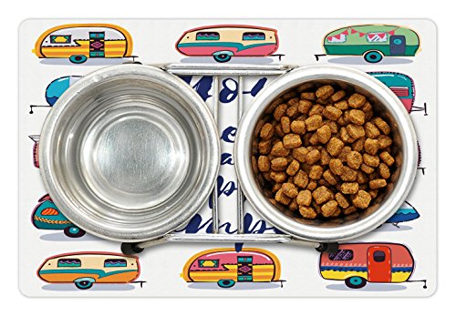 Lunarable Camper Pet Mat for Food and Water, You Make Me Happy Motivational Words Caravans Retro Style Travel Graphic Print, Non-Slip Rubber Mat for Dogs and Cats, 18" X 12", Indigo Yellow - color: Indigo Yellow