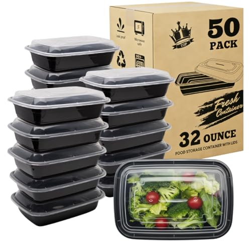 32oz Meal Prep Containers with Lids - 50 Pack BPA Free To Go Food Containers, Stackable & Leak Resistant Bento Box, Microwave/Dishwasher/Freezer Safe - size: 32 Ounce