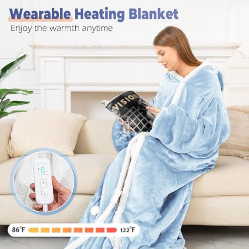 Wearable Heated Blanket with Foot Pocket, Electric Wearable Throw Blanket with Sleeves, Hood, Portable Heated Blanket with 8 Heat Settings, 1-10 Hours Auto Shut-off, Gift for Family, Friends, 50*70" - color: Light Blue
