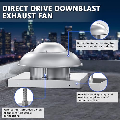 Roof Mounted Exhaust Fan Direct Drive Axial Downblast Exhaust Fan -19" Fan Base, 1/30 HP 500 CFM 115 Volt Single Phase Motor - size: RMD10