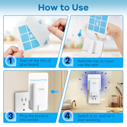 Indoor Fly Trap, Plug-in Fruit Fly Trap with 2 Devices and 6 Sticky Refills | Gnat Trap for Fruit Flies, Gnats, Flies, Moths, and Other Flying Insects—Ideal for Kitchen, Bedroom, and Living Room