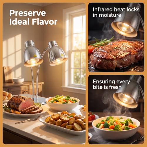 Food Heat Lamps with Dual 250w Bulbs Food Warmer Lights Food Heating Warmer Lamp Restaurant Kitchen Buffet Warmer Table (Double Head)