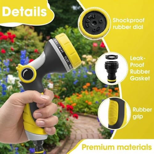 Garden Hose Nozzle Thumb Control with 10 Spray Patterns Water Hose Sprayer | Leak Proof On Off Valve Water Hose Nozzle Sprayer,One Hand Operation,Non-Slip Grip for Plants & Lawn Watering,Car&Pet Washing - color: Yellow