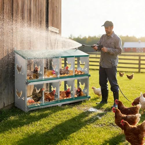 Chicken Nesting Box, 8 Compartments Nesting Box with 4 Fake Eggs & 10 Soft Nest Pads, Wall Mounting for Easy Egg Collection, Heavy Duty Galvanized Steel Rustproof Laying Box with Vented & Easy Clean - size: 8 compartment