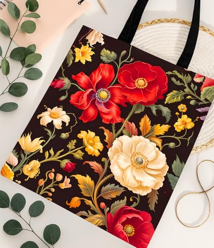 Aesthetic Floral Canvas Tote Bag - Reusable Shoulder Tote Bag for Women Lady Casual Vacation, Shopping, Work, Gym - color: 4